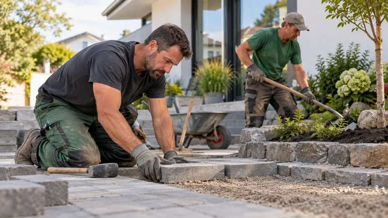 Zwei Handwerker pflastern und bepflanzen eine Terrasse