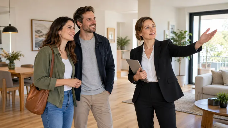 Immobilienberaterin zeigt einem Paar eine Wohnung