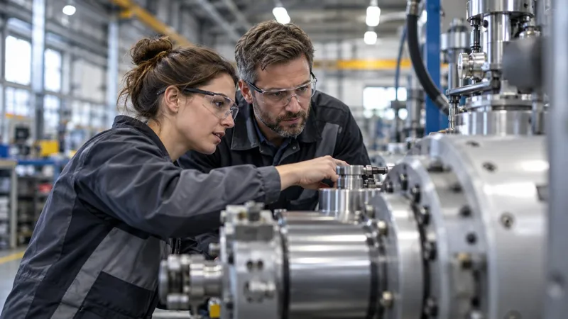 Techniker prüfen eine Maschine in der Produktionshalle