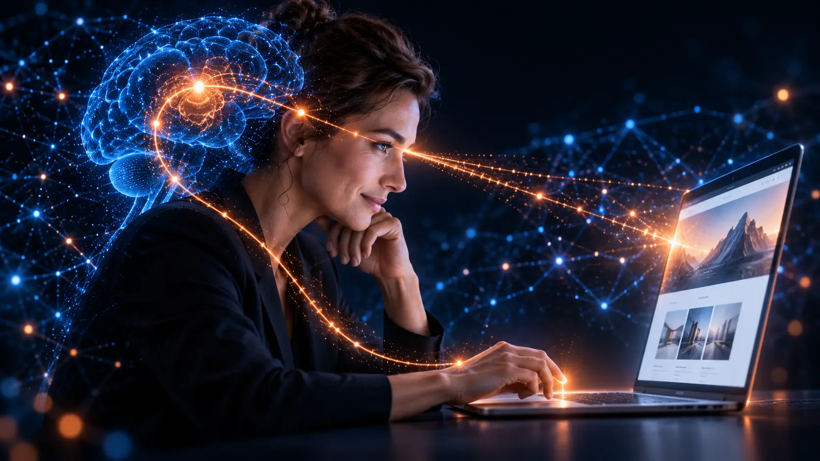Mann und digitale KI-Figur zeigen auf Website-Vorschau, Website 3.0 Business