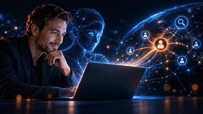 Mann und digitale KI-Figur am Laptop, Website 3.0 Start