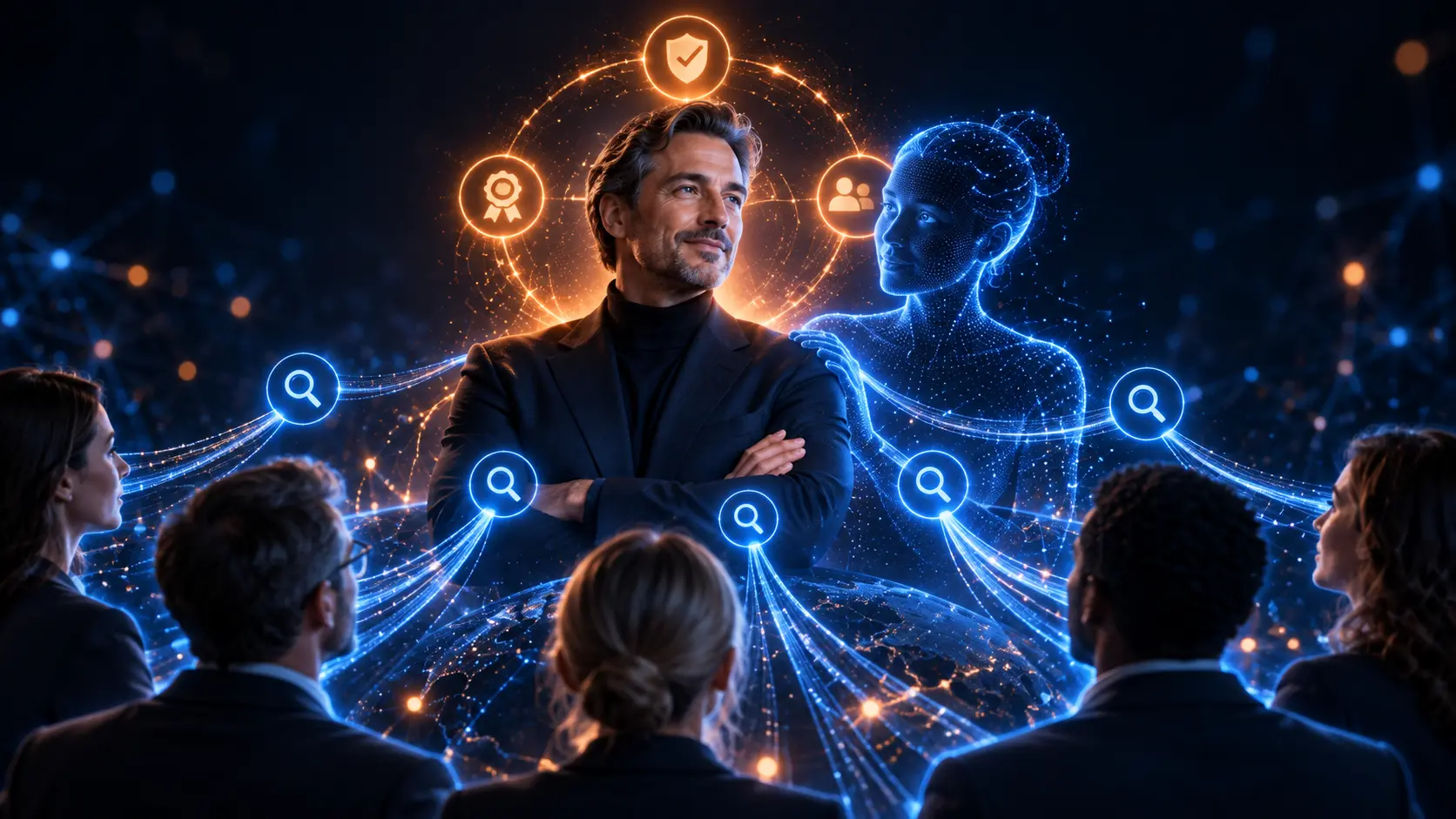 Digitale KI-Figur und Mann vor Website-Interface, Website 3.0 Top-Verkäufer